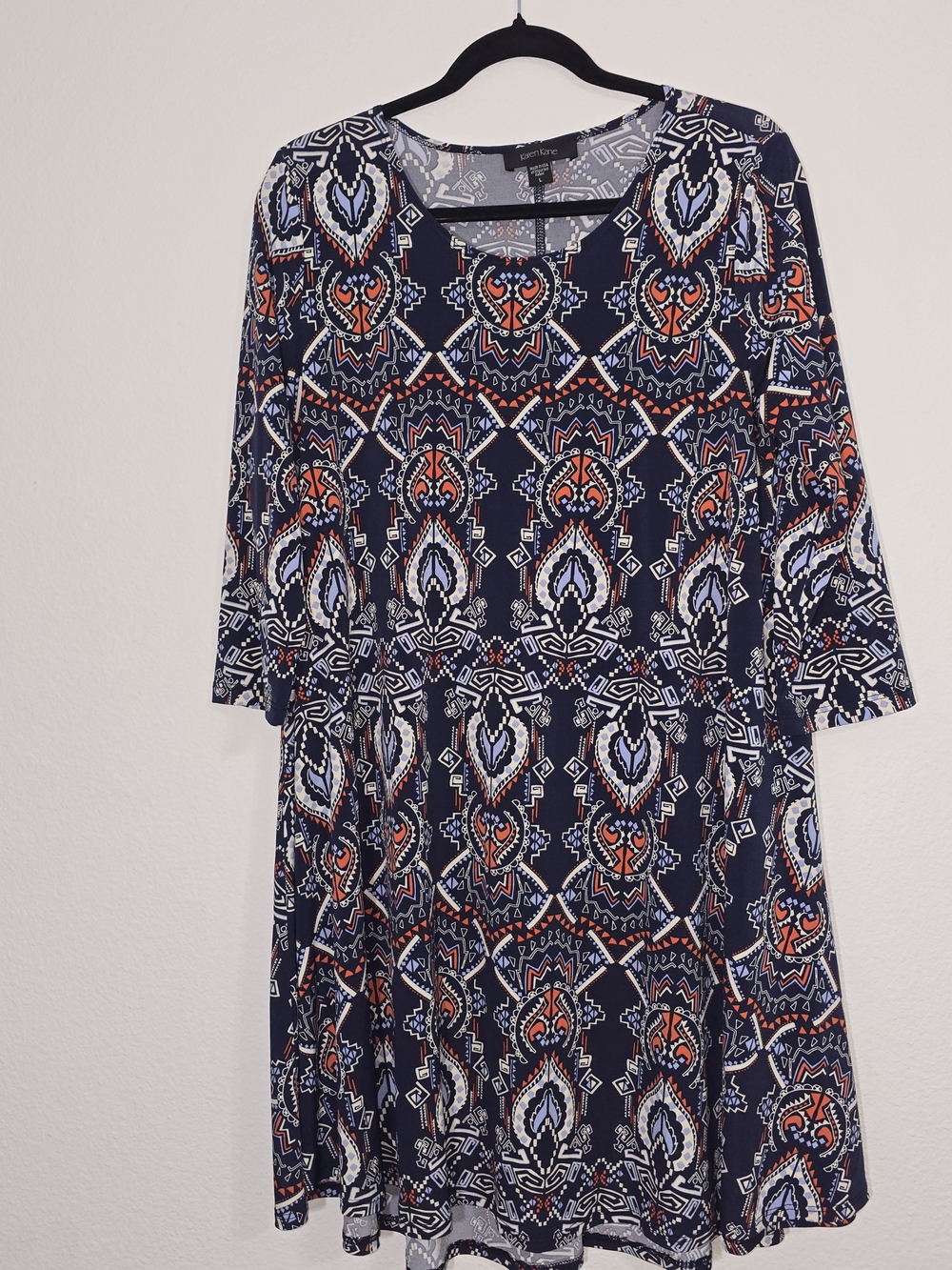 Karen Kane Navy Blue Printed Long Sleeve Fit & Flare Dress